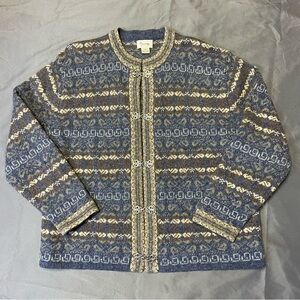 100% Wool Nordic Ski Cardigan Sweater Cambridge Pewter Clasps Medium Gray Blue